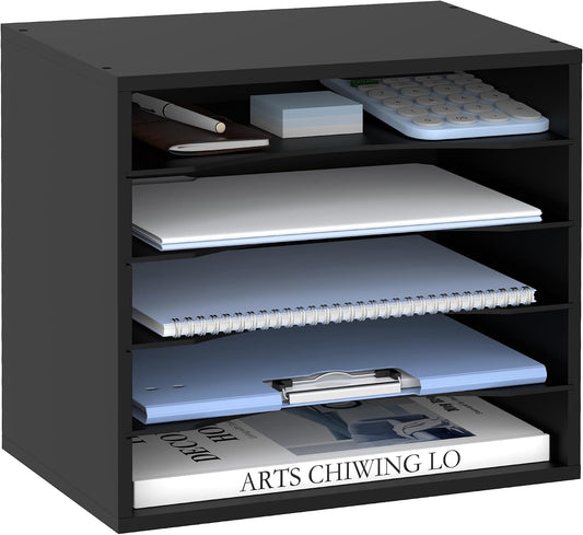 5 Tier Wood Desk Organizer, Mail Sorter and Paper Organizer for Desk, Black