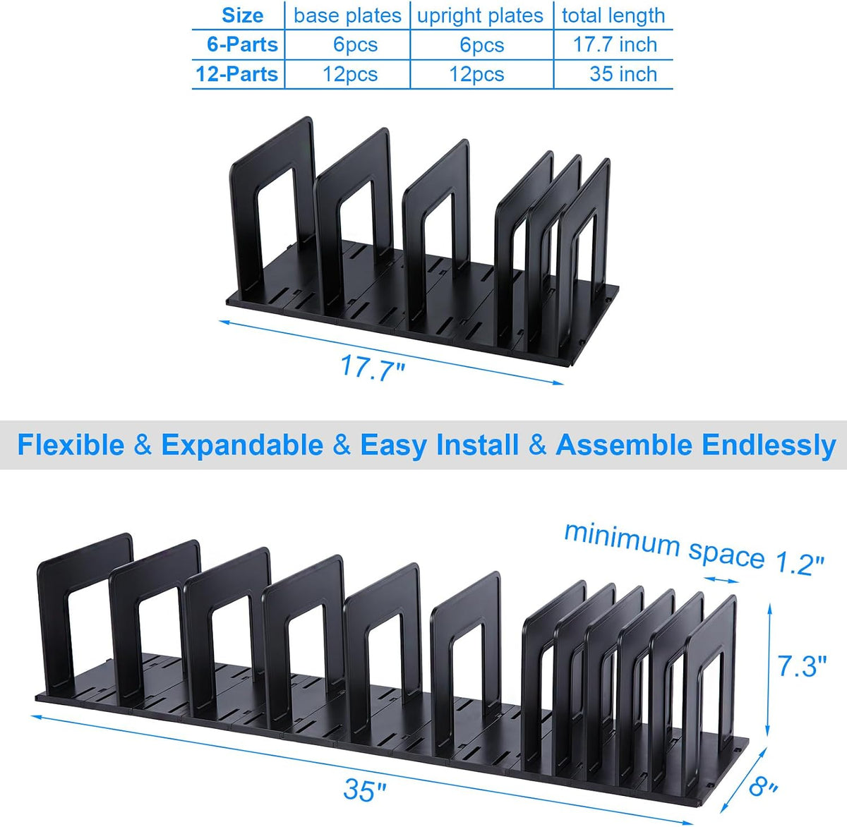 Adjustable Vertical File Sorter Sturdy Plastic Expandable Upright File Holder, Desktop Binder Organizer, School Office File Organizer Bookshelf Divider, Assemble Easily Endlessly, Black