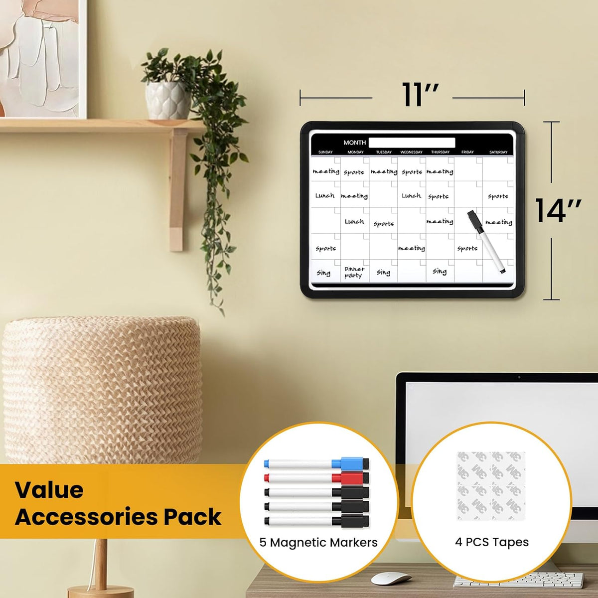 Small Monthly Whiteboard Calendar for Wall, Mini 11" x 14" Dry Erase Board with Plastic Frame, Hanging Dry Erase Calendar for Kitchen Planner, Home, Office