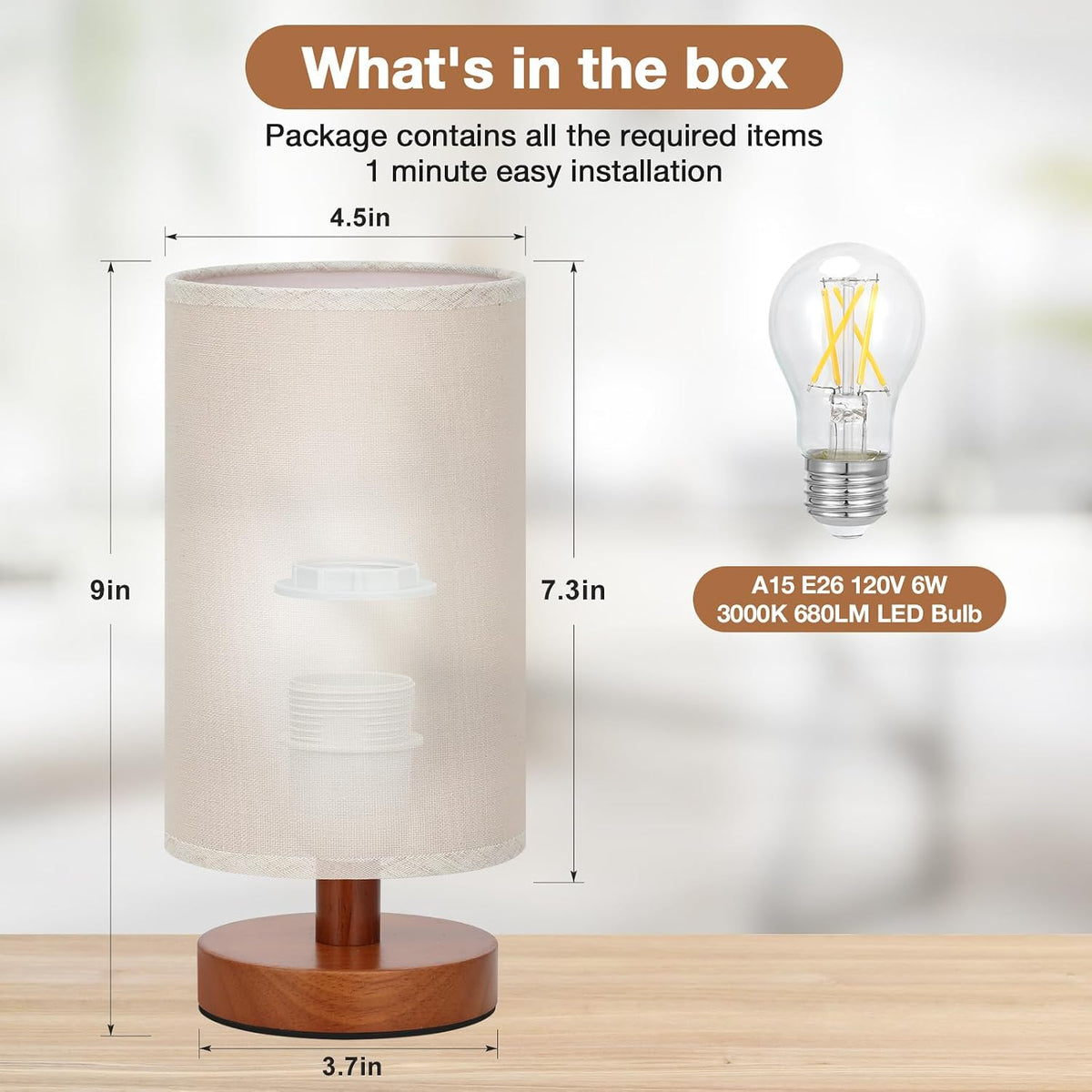 Fenmzee 9" Small Table Lamp for Bedroom - Inline Control with 3000K Bulb