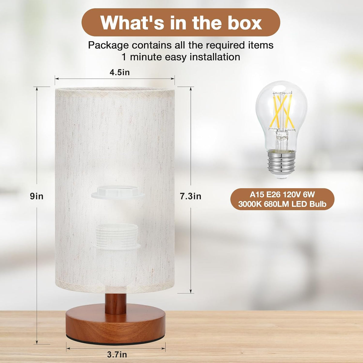 Fenmzee 9" Small Table Lamp for Bedroom - Inline Control with 3000K Bulb