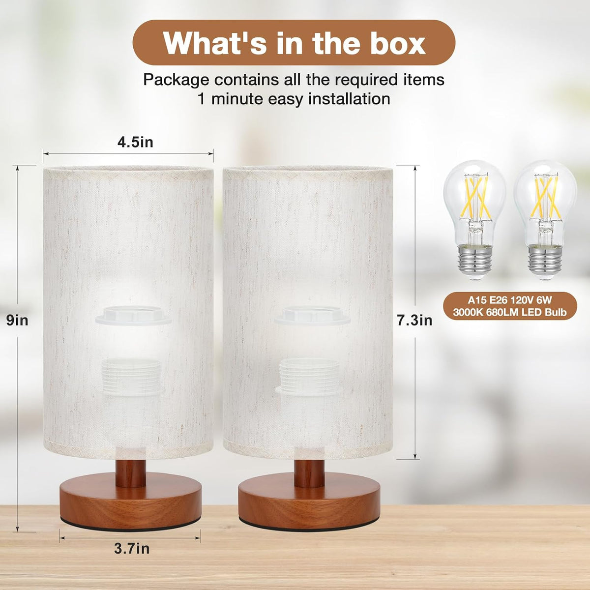 Fenmzee 9" Small Table Lamp for Bedroom - Inline Control with 3000K Bulb