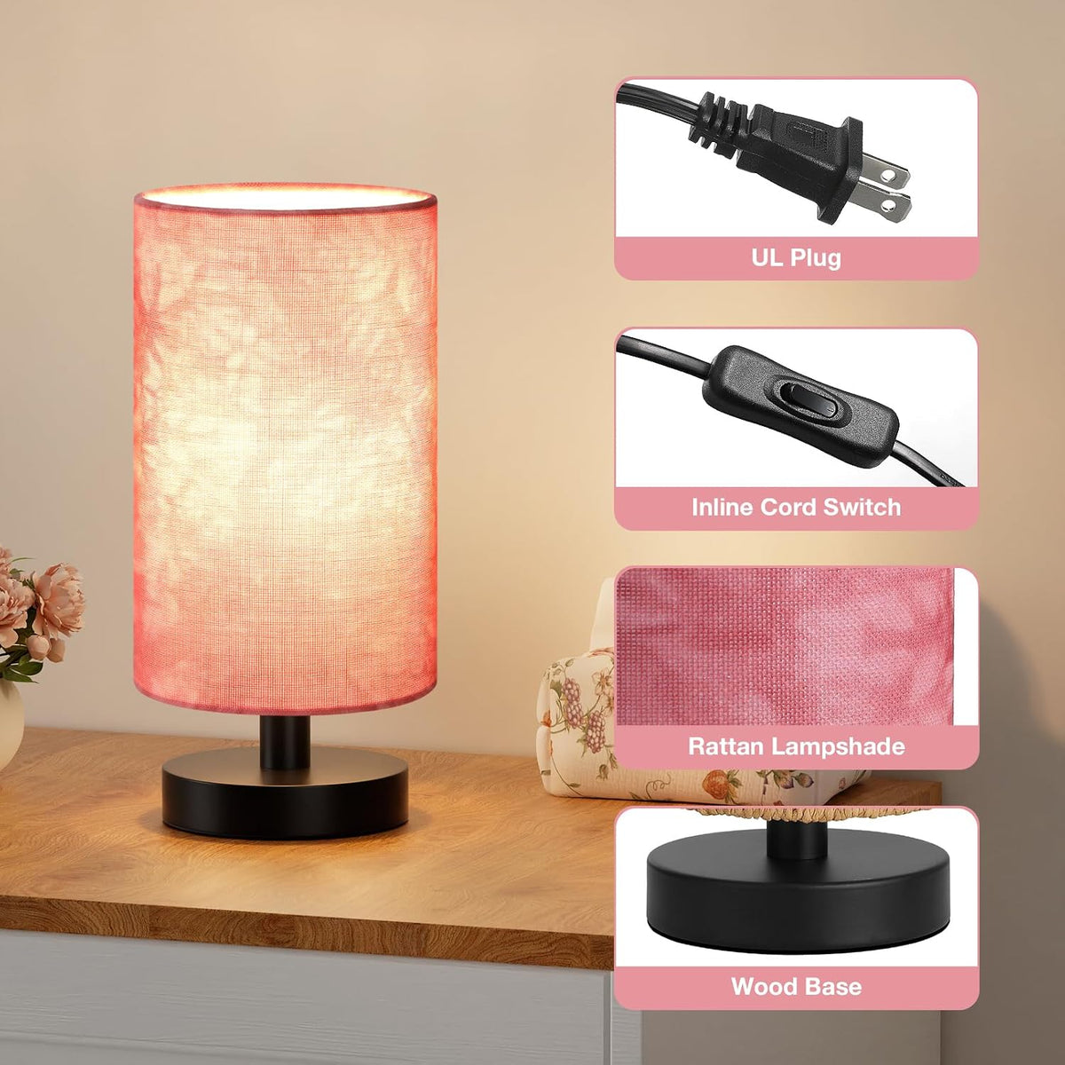 Fenmzee 9" Small Table Lamp for Bedroom - Inline Control with 3000K Bulb