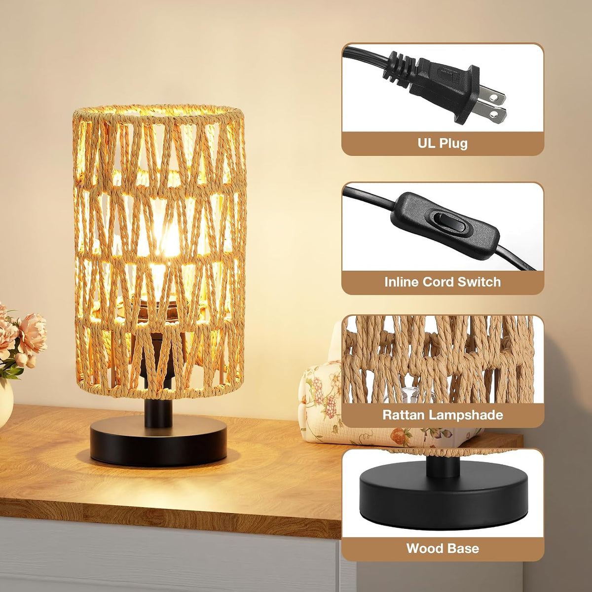 Fenmzee 9" Small Table Lamp for Bedroom - Inline Control with 3000K Bulb