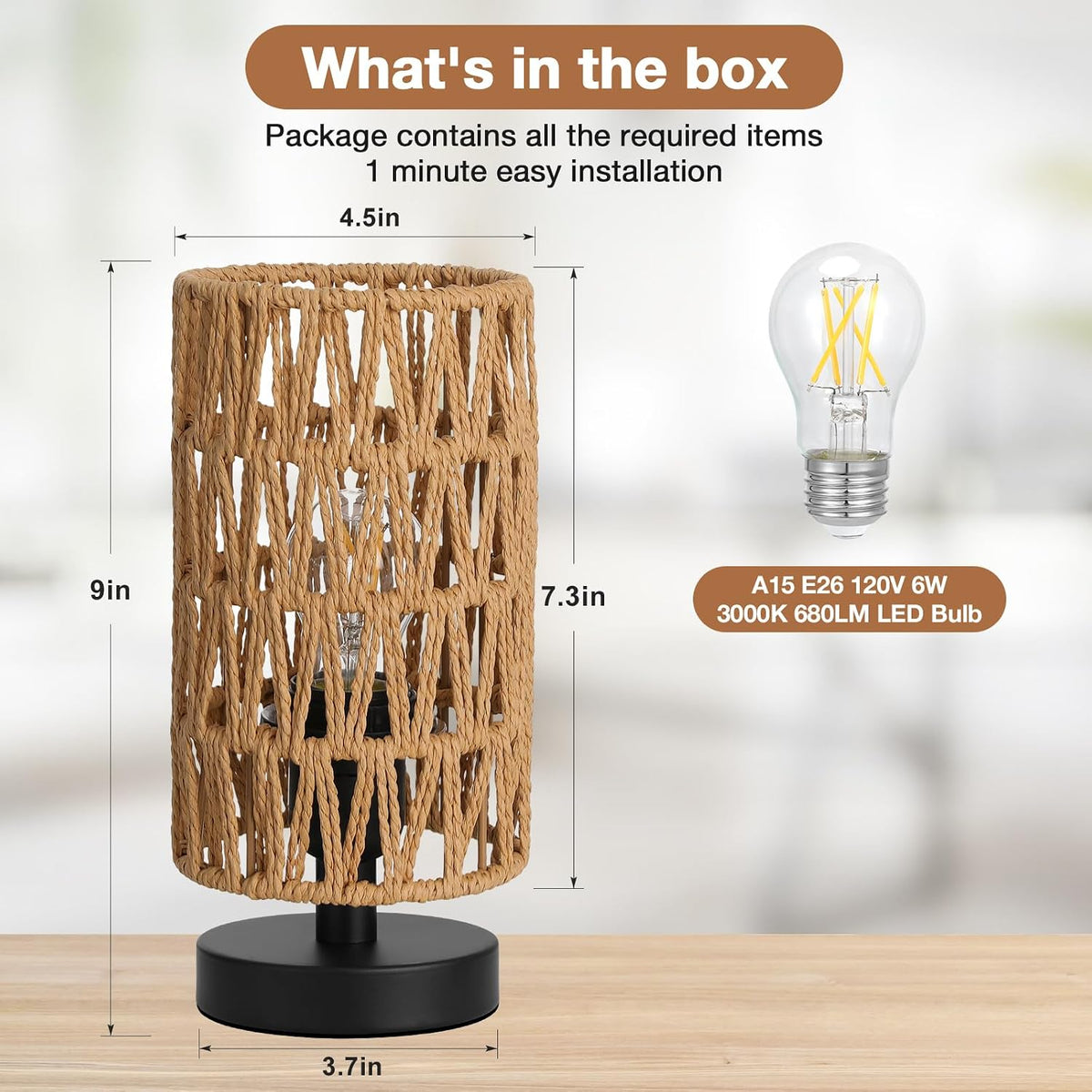 Fenmzee 9" Small Table Lamp for Bedroom - Inline Control with 3000K Bulb