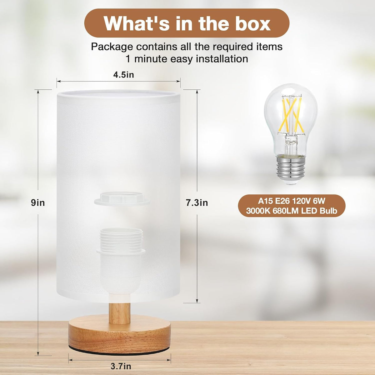 Fenmzee 9" Small Table Lamp for Bedroom - Inline Control with 3000K Bulb