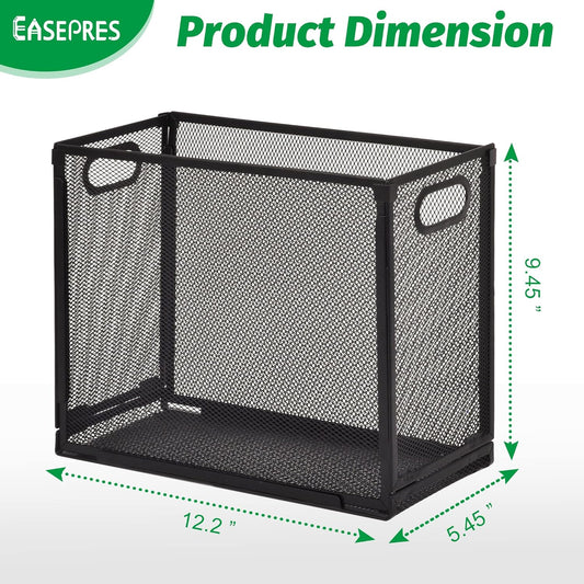 Desk Hanging File Organizer with 5 Folders, Mesh Metal Letter-Size Desktop File Holder Box for Filing Folder Storage Basket, 1 Pack Black, 12.2 x 9.45 x 5.45 inches