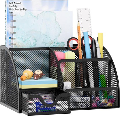 Mesh Desk Organizer with Drawer Multi-functional Pen Holder Stationery Organizer for Office School Supplies 6 Compartments Dorm Organizers and Storage for Desk, Black