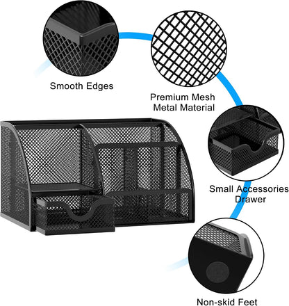 Mesh Desk Organizer with Drawer Multi-functional Pen Holder Stationery Organizer for Office School Supplies 6 Compartments Dorm Organizers and Storage for Desk, Black