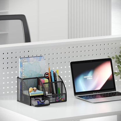 Mesh Desk Organizer with Drawer Multi-functional Pen Holder Stationery Organizer for Office School Supplies 6 Compartments Dorm Organizers and Storage for Desk, Black