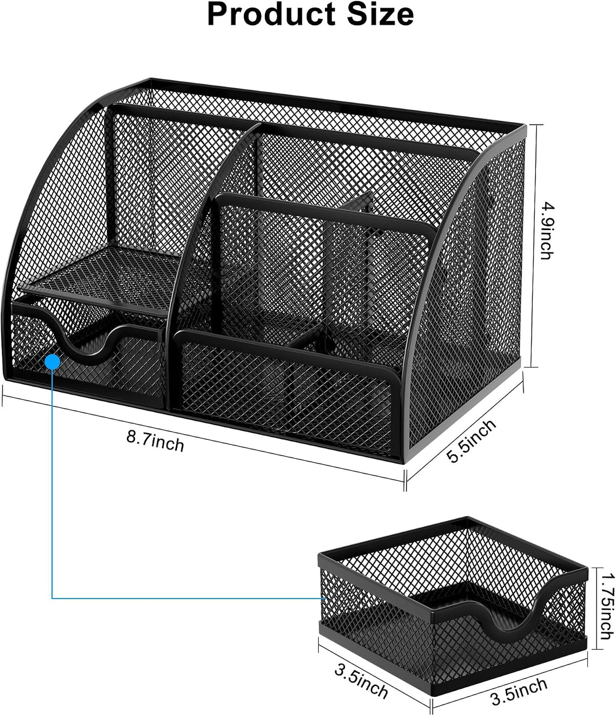 Mesh Desk Organizer with Drawer Multi-functional Pen Holder Stationery Organizer for Office School Supplies 6 Compartments Dorm Organizers and Storage for Desk, Black