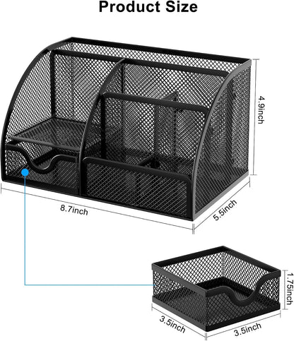 Mesh Desk Organizer with Drawer Multi-functional Pen Holder Stationery Organizer for Office School Supplies 6 Compartments Dorm Organizers and Storage for Desk, Black