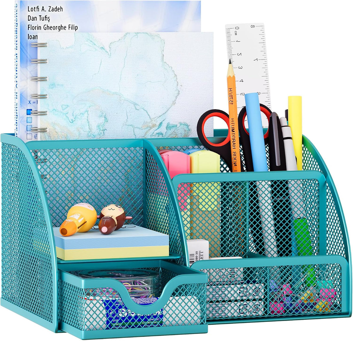 Mesh Desk Organizer with Drawer Multi-functional Pen Holder Stationery Organizer for Office School Supplies 6 Compartments Dorm Organizers and Storage for Desk, Black