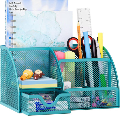 Mesh Desk Organizer with Drawer Multi-functional Pen Holder Stationery Organizer for Office School Supplies 6 Compartments Dorm Organizers and Storage for Desk, Black