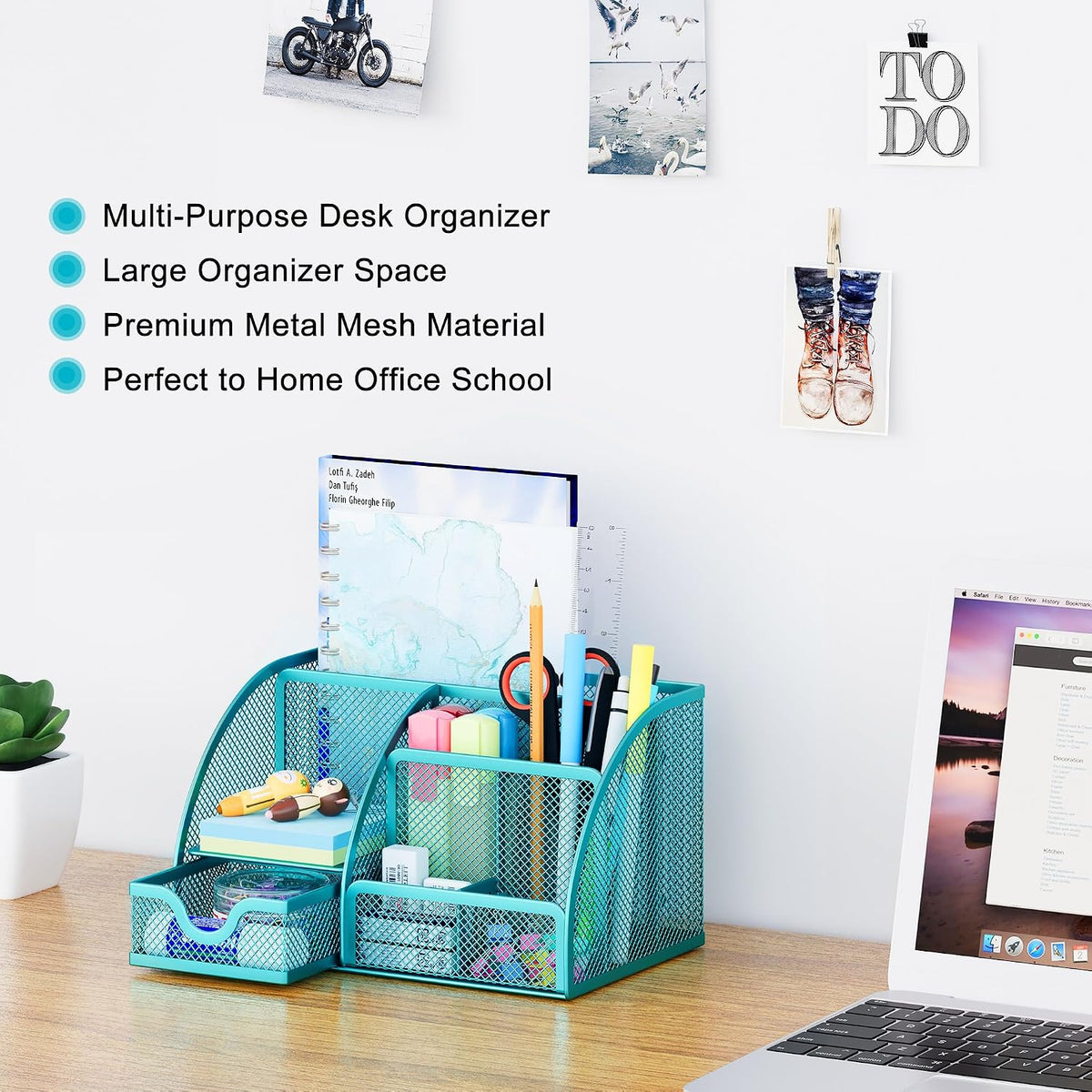 Mesh Desk Organizer with Drawer Multi-functional Pen Holder Stationery Organizer for Office School Supplies 6 Compartments Dorm Organizers and Storage for Desk, Black