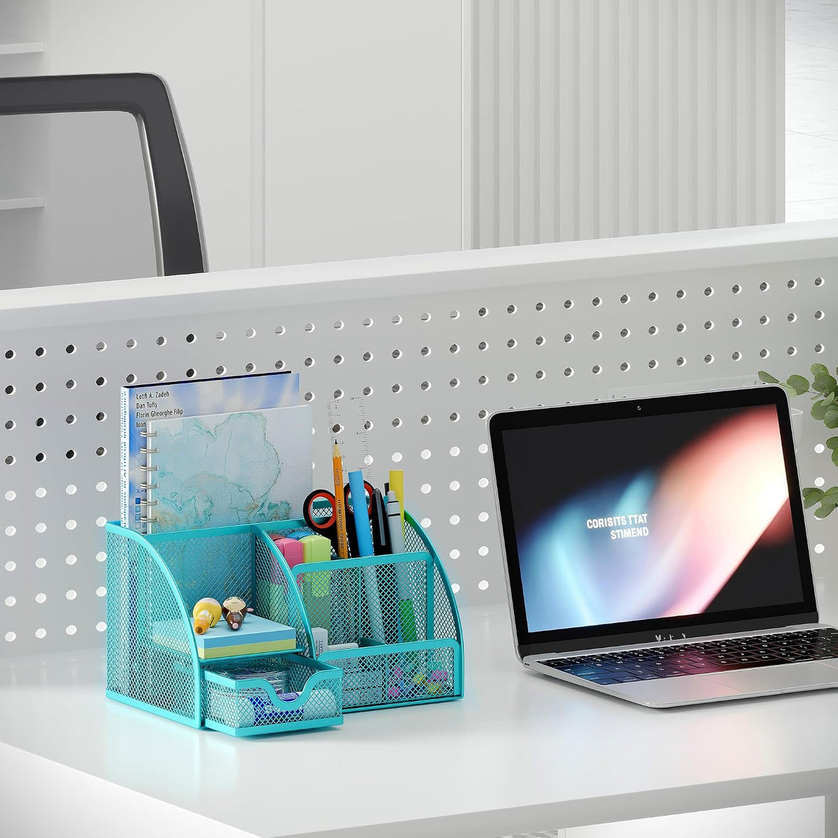 Mesh Desk Organizer with Drawer Multi-functional Pen Holder Stationery Organizer for Office School Supplies 6 Compartments Dorm Organizers and Storage for Desk, Black