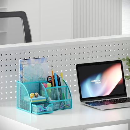 Mesh Desk Organizer with Drawer Multi-functional Pen Holder Stationery Organizer for Office School Supplies 6 Compartments Dorm Organizers and Storage for Desk, Black