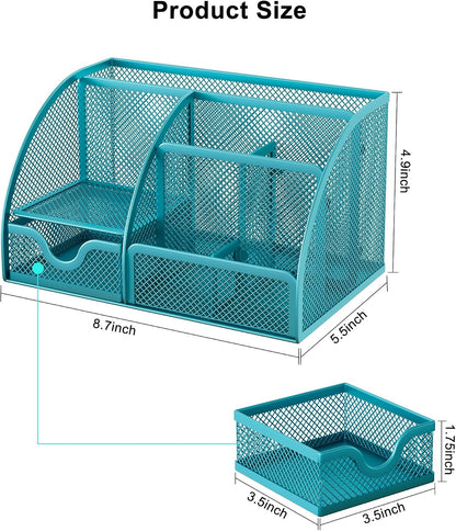 Mesh Desk Organizer with Drawer Multi-functional Pen Holder Stationery Organizer for Office School Supplies 6 Compartments Dorm Organizers and Storage for Desk, Black