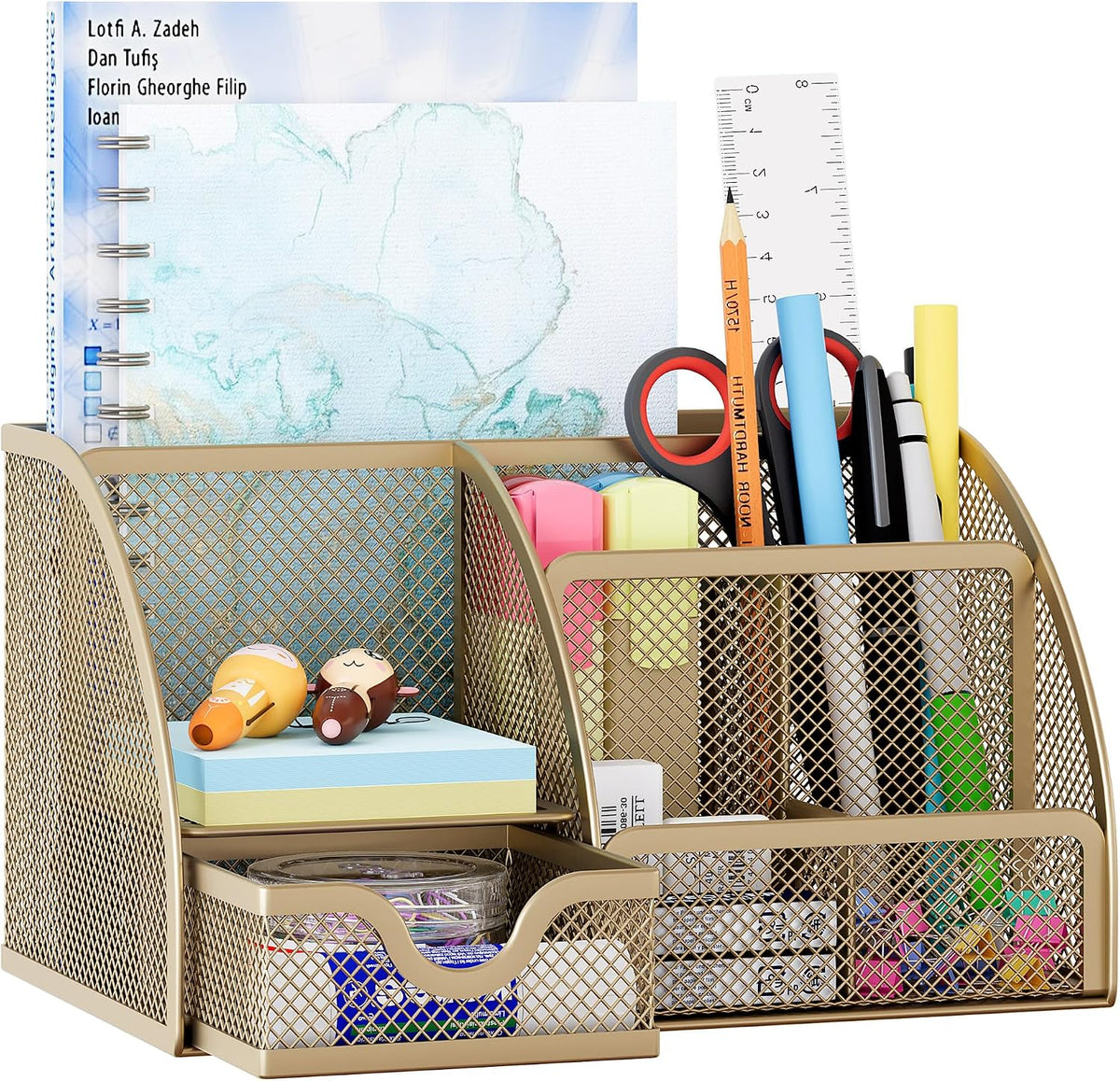 Mesh Desk Organizer with Drawer Multi-functional Pen Holder Stationery Organizer for Office School Supplies 6 Compartments Dorm Organizers and Storage for Desk, Black