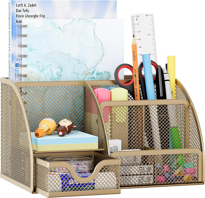 Mesh Desk Organizer with Drawer Multi-functional Pen Holder Stationery Organizer for Office School Supplies 6 Compartments Dorm Organizers and Storage for Desk, Black