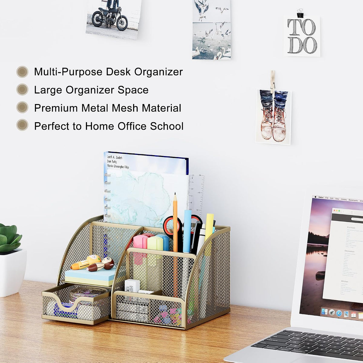 Mesh Desk Organizer with Drawer Multi-functional Pen Holder Stationery Organizer for Office School Supplies 6 Compartments Dorm Organizers and Storage for Desk, Black