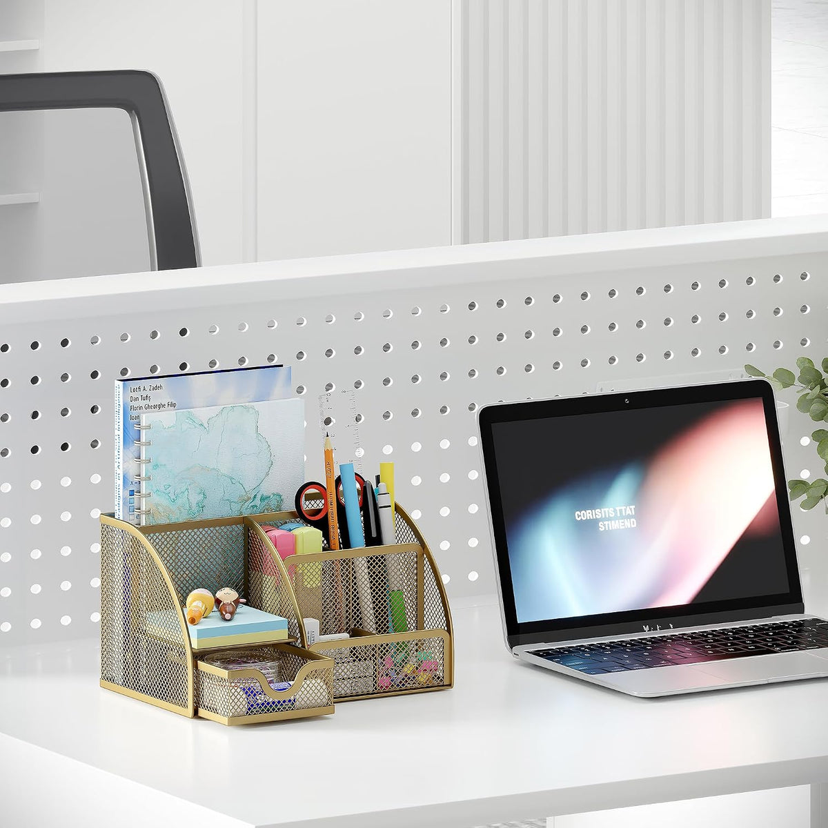 Mesh Desk Organizer with Drawer Multi-functional Pen Holder Stationery Organizer for Office School Supplies 6 Compartments Dorm Organizers and Storage for Desk, Black