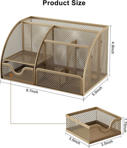 Mesh Desk Organizer with Drawer Multi-functional Pen Holder Stationery Organizer for Office School Supplies 6 Compartments Dorm Organizers and Storage for Desk, Black