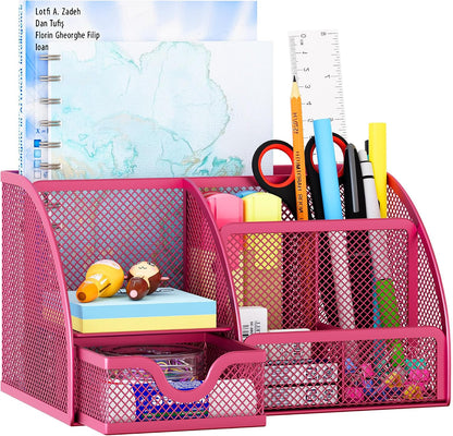 Mesh Desk Organizer with Drawer Multi-functional Pen Holder Stationery Organizer for Office School Supplies 6 Compartments Dorm Organizers and Storage for Desk, Black