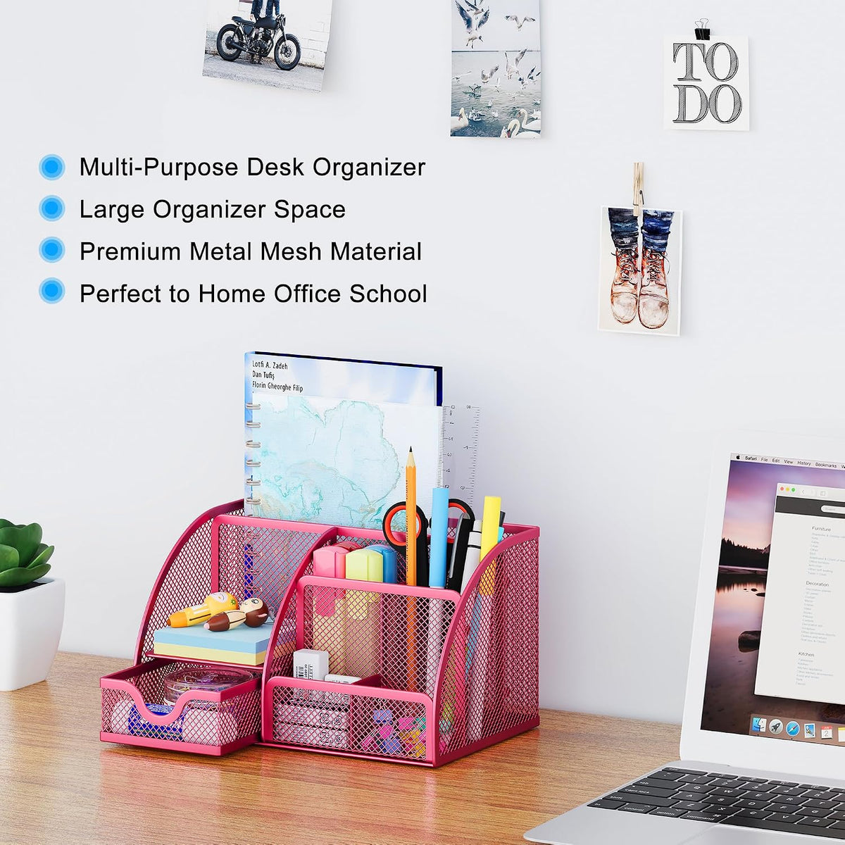 Mesh Desk Organizer with Drawer Multi-functional Pen Holder Stationery Organizer for Office School Supplies 6 Compartments Dorm Organizers and Storage for Desk, Black