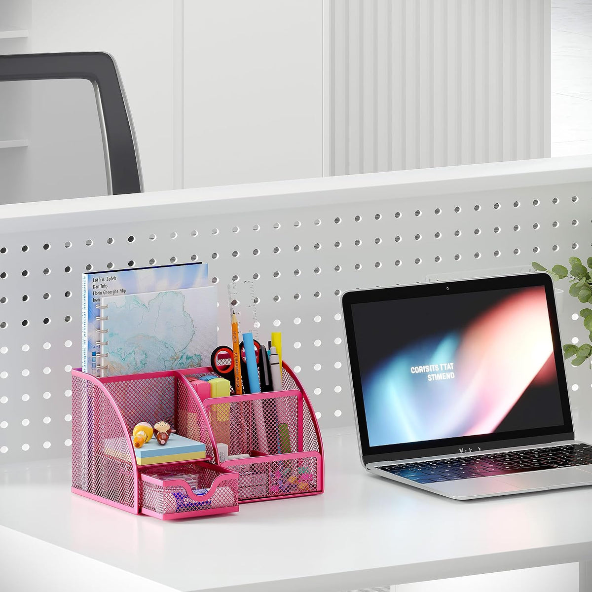 Mesh Desk Organizer with Drawer Multi-functional Pen Holder Stationery Organizer for Office School Supplies 6 Compartments Dorm Organizers and Storage for Desk, Black