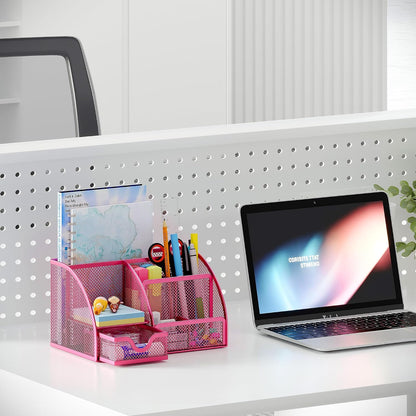 Mesh Desk Organizer with Drawer Multi-functional Pen Holder Stationery Organizer for Office School Supplies 6 Compartments Dorm Organizers and Storage for Desk, Black