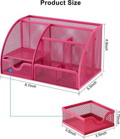 Mesh Desk Organizer with Drawer Multi-functional Pen Holder Stationery Organizer for Office School Supplies 6 Compartments Dorm Organizers and Storage for Desk, Black