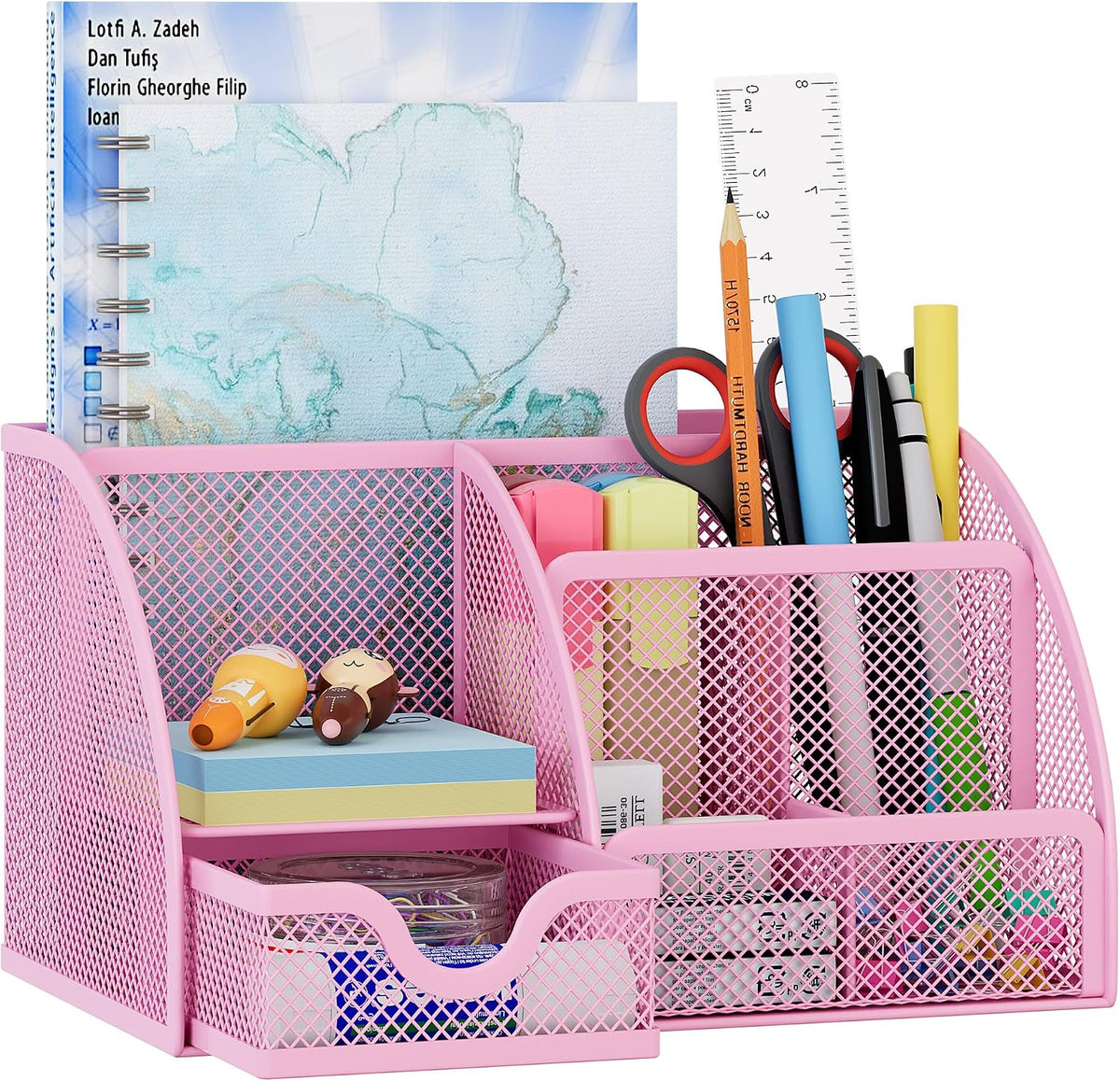 Mesh Desk Organizer with Drawer Multi-functional Pen Holder Stationery Organizer for Office School Supplies 6 Compartments Dorm Organizers and Storage for Desk, Black
