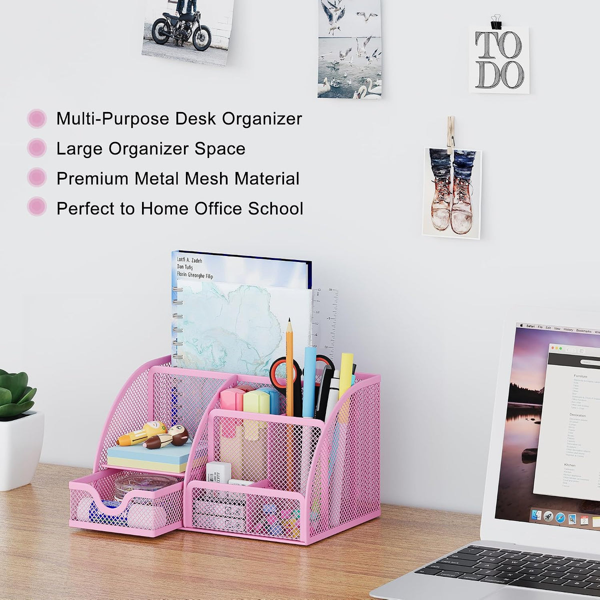 Mesh Desk Organizer with Drawer Multi-functional Pen Holder Stationery Organizer for Office School Supplies 6 Compartments Dorm Organizers and Storage for Desk, Black