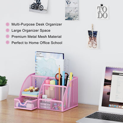 Mesh Desk Organizer with Drawer Multi-functional Pen Holder Stationery Organizer for Office School Supplies 6 Compartments Dorm Organizers and Storage for Desk, Black