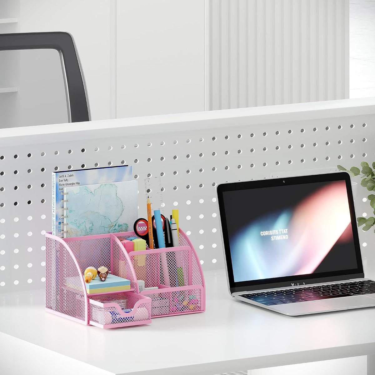 Mesh Desk Organizer with Drawer Multi-functional Pen Holder Stationery Organizer for Office School Supplies 6 Compartments Dorm Organizers and Storage for Desk, Black