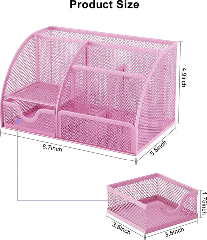Mesh Desk Organizer with Drawer Multi-functional Pen Holder Stationery Organizer for Office School Supplies 6 Compartments Dorm Organizers and Storage for Desk, Black