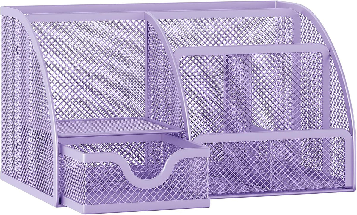 Mesh Desk Organizer with Drawer Multi-functional Pen Holder Stationery Organizer for Office School Supplies 6 Compartments Dorm Organizers and Storage for Desk, Black