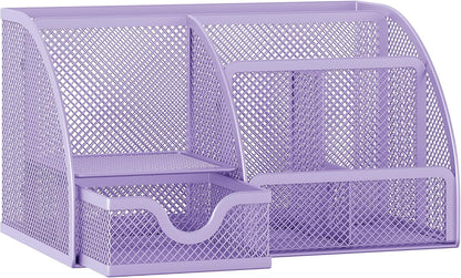 Mesh Desk Organizer with Drawer Multi-functional Pen Holder Stationery Organizer for Office School Supplies 6 Compartments Dorm Organizers and Storage for Desk, Black
