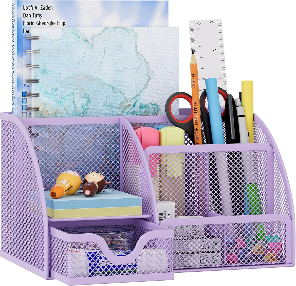Mesh Desk Organizer with Drawer Multi-functional Pen Holder Stationery Organizer for Office School Supplies 6 Compartments Dorm Organizers and Storage for Desk, Black