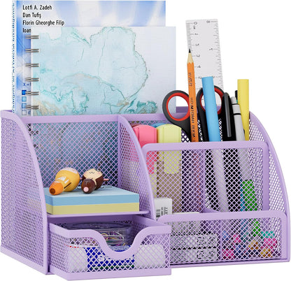 Mesh Desk Organizer with Drawer Multi-functional Pen Holder Stationery Organizer for Office School Supplies 6 Compartments Dorm Organizers and Storage for Desk, Black