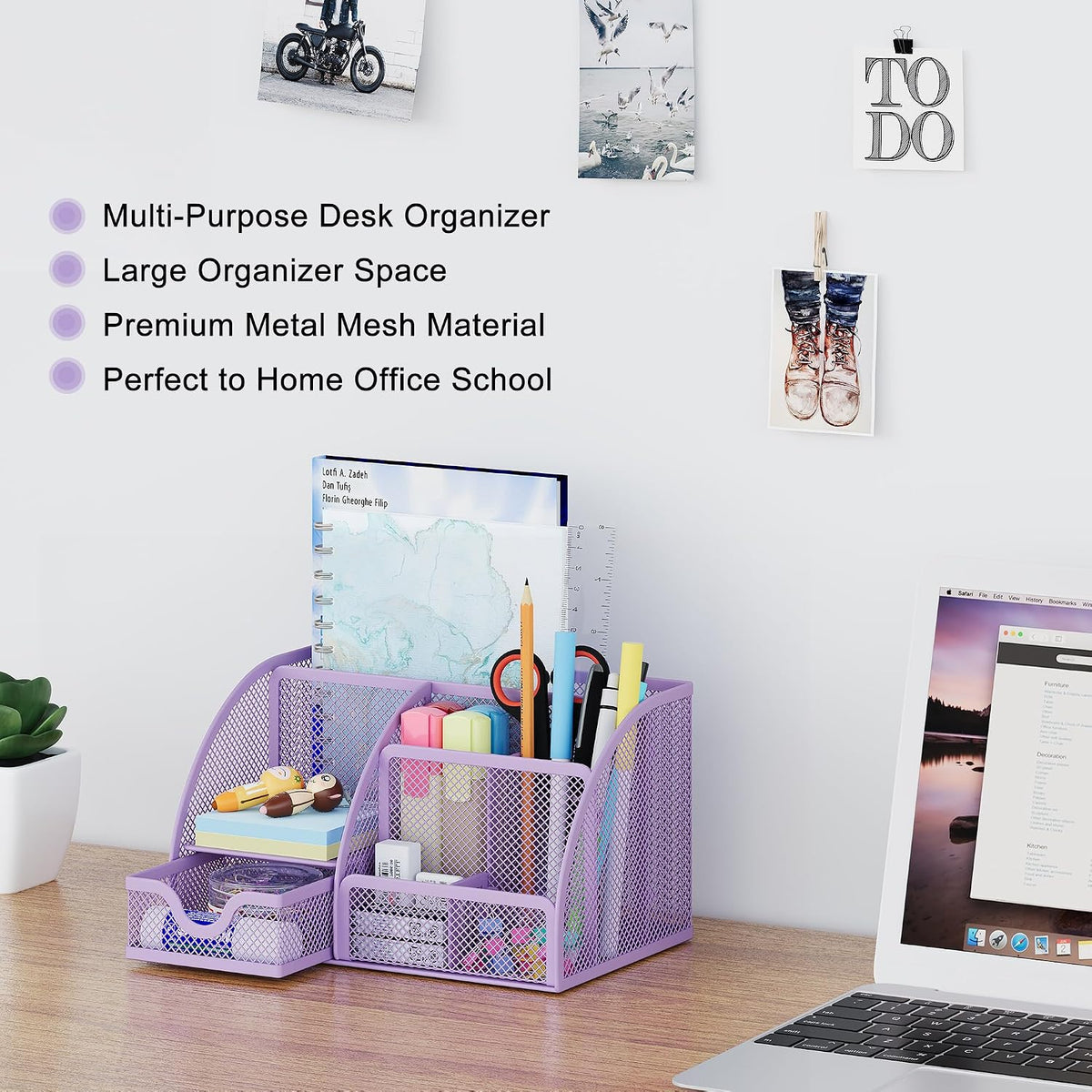Mesh Desk Organizer with Drawer Multi-functional Pen Holder Stationery Organizer for Office School Supplies 6 Compartments Dorm Organizers and Storage for Desk, Black