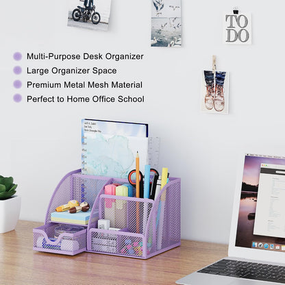 Mesh Desk Organizer with Drawer Multi-functional Pen Holder Stationery Organizer for Office School Supplies 6 Compartments Dorm Organizers and Storage for Desk, Black