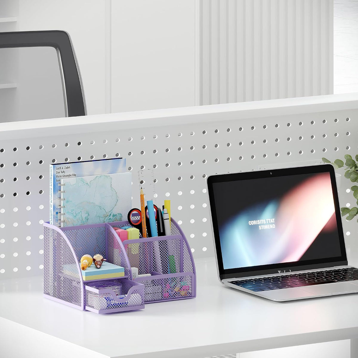 Mesh Desk Organizer with Drawer Multi-functional Pen Holder Stationery Organizer for Office School Supplies 6 Compartments Dorm Organizers and Storage for Desk, Black