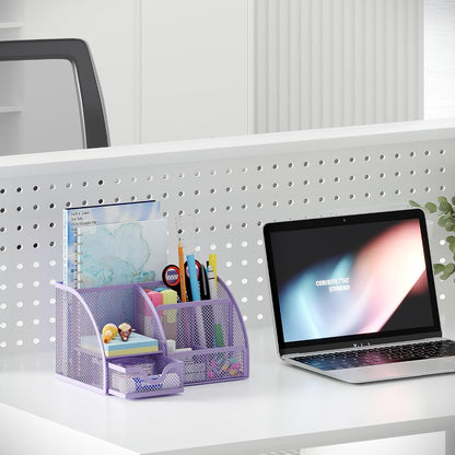 Mesh Desk Organizer with Drawer Multi-functional Pen Holder Stationery Organizer for Office School Supplies 6 Compartments Dorm Organizers and Storage for Desk, Black