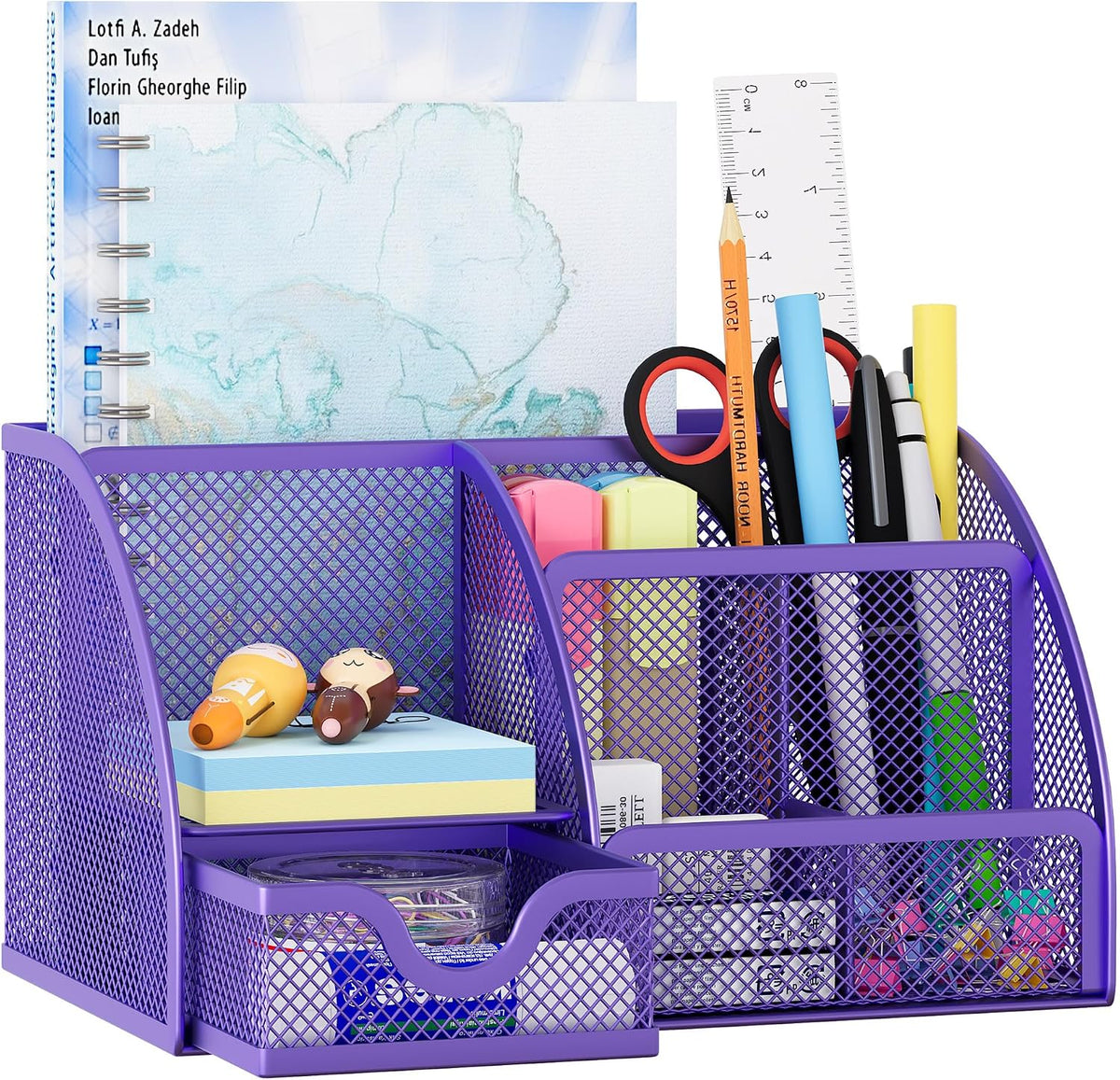 Mesh Desk Organizer with Drawer Multi-functional Pen Holder Stationery Organizer for Office School Supplies 6 Compartments Dorm Organizers and Storage for Desk, Black