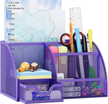 Mesh Desk Organizer with Drawer Multi-functional Pen Holder Stationery Organizer for Office School Supplies 6 Compartments Dorm Organizers and Storage for Desk, Black