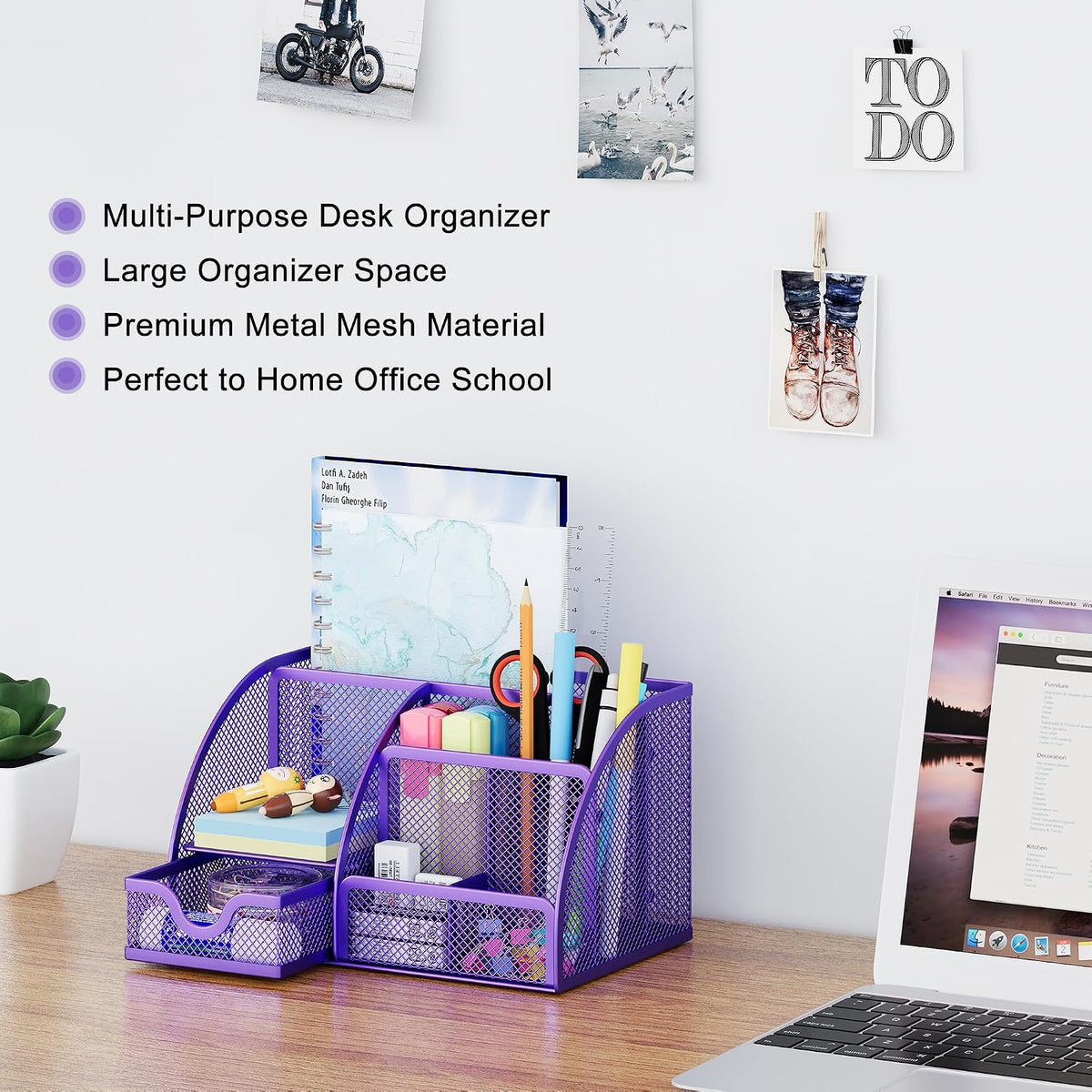 Mesh Desk Organizer with Drawer Multi-functional Pen Holder Stationery Organizer for Office School Supplies 6 Compartments Dorm Organizers and Storage for Desk, Black