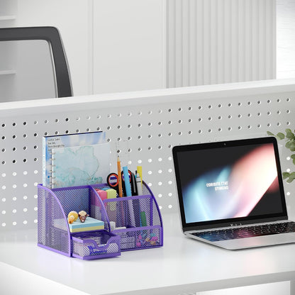 Mesh Desk Organizer with Drawer Multi-functional Pen Holder Stationery Organizer for Office School Supplies 6 Compartments Dorm Organizers and Storage for Desk, Black