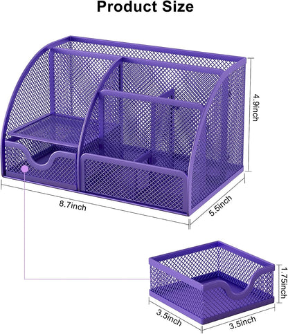 Mesh Desk Organizer with Drawer Multi-functional Pen Holder Stationery Organizer for Office School Supplies 6 Compartments Dorm Organizers and Storage for Desk, Black